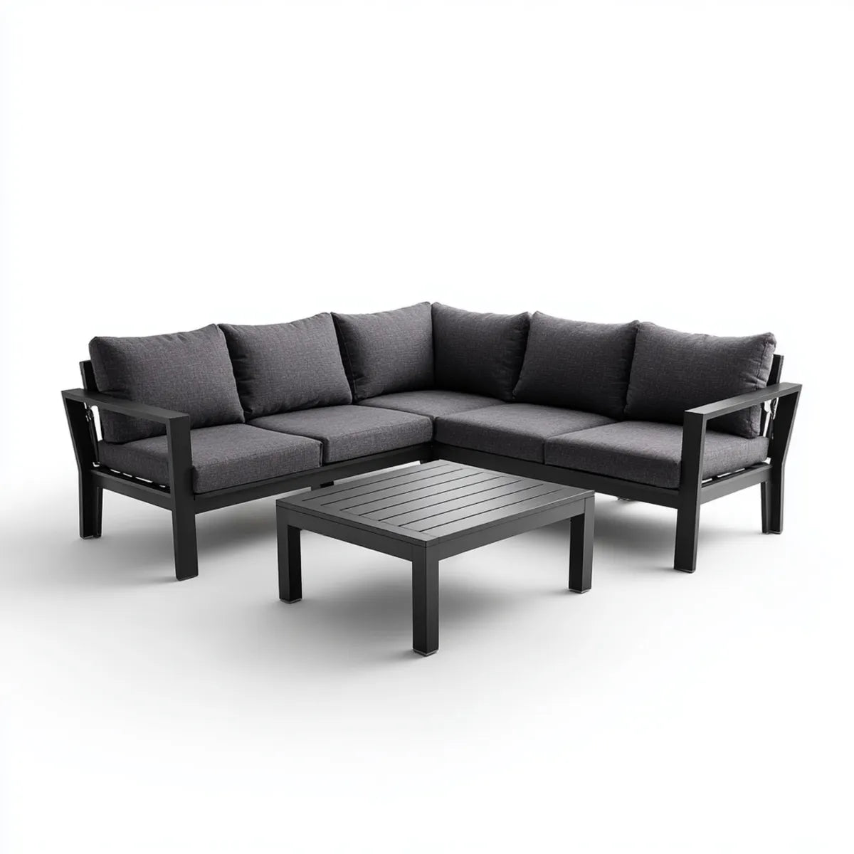 Sofa ogrodowa, 4- częściowa kanapa ogrodowa zestaw antracyt czarny 200 x 200 cm aluminiowy poliester kształt litery L z stolikiem do kawy