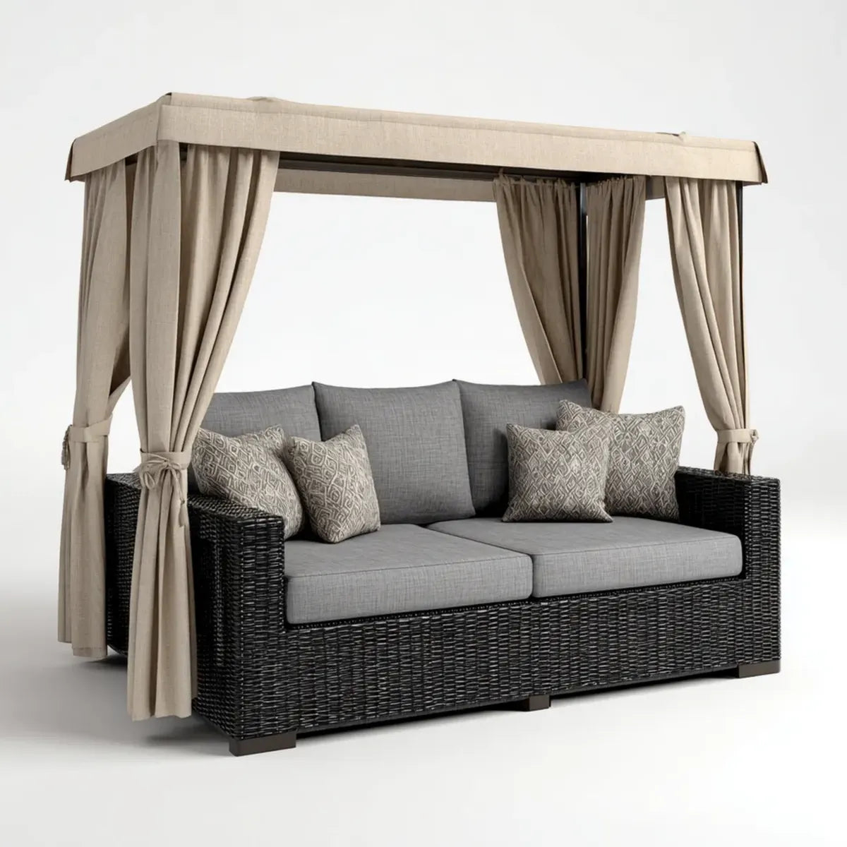Sofa ogrodowa, Taras sofa 2- fotel z dachem pawilonu czarny szary beż 200 x 85 x 210 cm PE rattan prostokątna