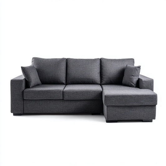 Sofa, Kanapa narożna 3 fotele z krzesełkiem z prawym, ciemnoszarym poliestrem 230 x 150 x 85 cm