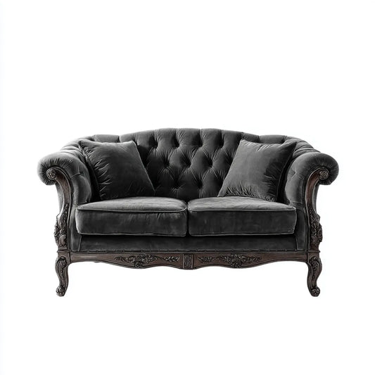Sofa, Chesterfield sofa 2 czarne poliestrowe aksamitne siedzenia z litą konstrukcją drewna 172 x 90 x 95 cm