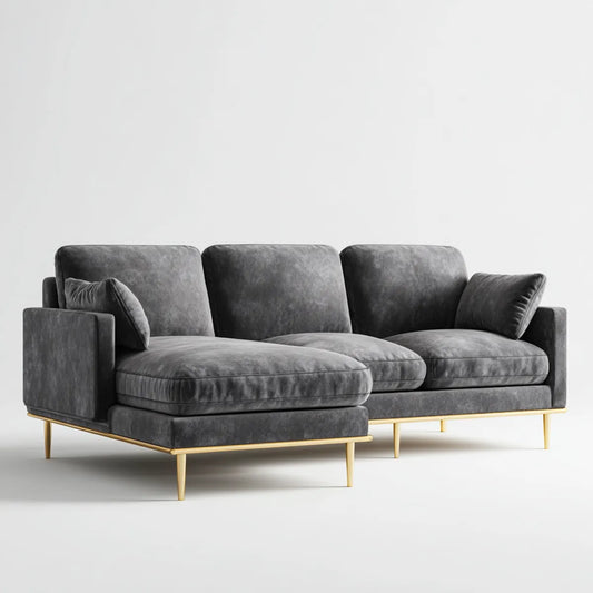 Sofa, Rożna sofa 3 miejsca szary antracyt w poliestrowym aksamitu do L z krzesełkowym longiem lewo 280 x 160 x 85 cm