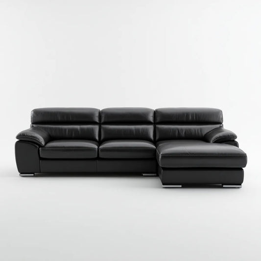 Sofa, Rożna sofa 3 fotele czarne ze skóry syntetycznej PU z krzesełkiem w prawo 280 x 165 x 88 cm